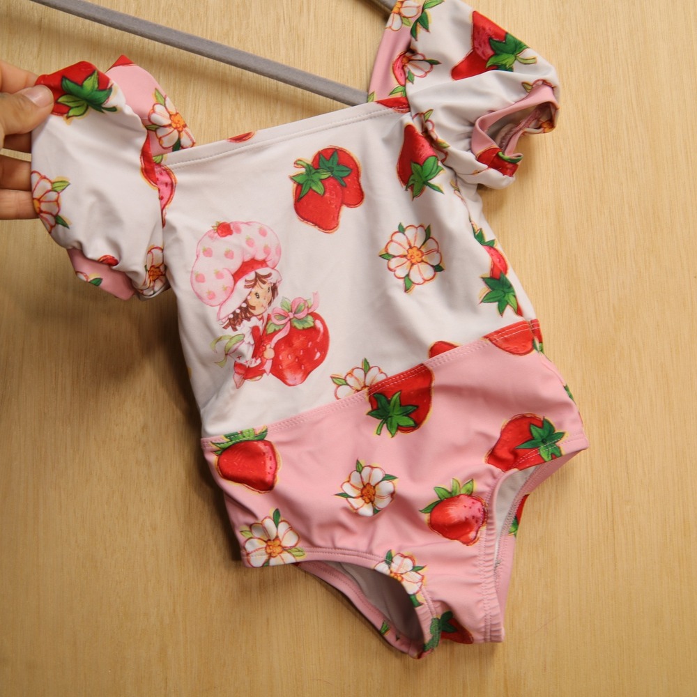 Strawberry Shortcake Baby Girls One Piece Swimsuit Puff Sleeve Pink White 18M